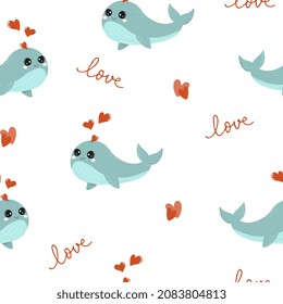 Seamless pattern with cute blue whale with hearts. Background for wrapping paper, greeting cards and seasonal designs. Happy Valentine's day.