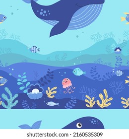 Seamless pattern with cute blue whale with fish, jellyfish and algae and pearls and underwater landscape. Vector illustration with sea animals, underwater world for design, decor, wallpape, packaging