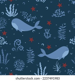 Seamless pattern with cute blue whale, starfish and algae