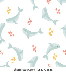 Seamless pattern with cute blue whales. For print, greeting cards, textile, fabric decoration