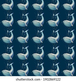 Seamless pattern with cute blue whales with geometric elements. Watercolor hand painted illustration. Marine inhabitants isolated on blue background.