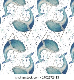 Seamless pattern with cute blue whales. Watercolor hand painted illustration. Marine inhabitants isolated on white background. 