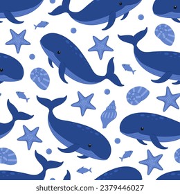 Seamless pattern with cute blue whales, starfish, shells, fish and bubbles. Vector flat illustration isolated on white background. Marine print with sea and ocean animals