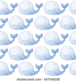 Seamless pattern with cute blue whales. Watercolor hand painted illustration
