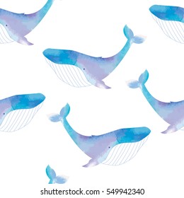 Seamless pattern with cute blue whales. Watercolor hand painted illustration
