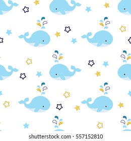 Seamless pattern with cute blue whales. Vector baby shower background. 