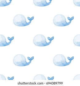 Seamless pattern with cute blue whales. Watercolor hand painted illustration
