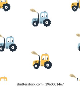 Seamless pattern with cute blue and yellow cartoon tractor on white background. Vector illustration for printing on fabric, packaging paper, clothing. Cute baby background for boys.