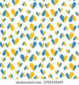 Seamless pattern with cute blue and yellow hearts on black background. Veector illustration.