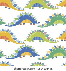 patrón sin fisuras con lindos dinosaurios azules, amarillos y verdes sobre fondo blanco para tapizados y tejidos para niños
