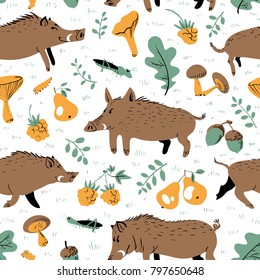 Seamless pattern with cute boars. Background with wild pigs and forest plants and fruits. Vector illustration with natural objects and forest inhabitants. Design element for fabric, textile, backdrops