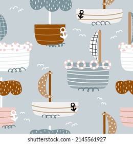 Seamless pattern with cute boats. Childish print. Vector hand drawn illustration.