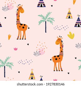 Seamless pattern with cute bohemian giraffe. Creative nursery background. Perfect for kids design, fabric, wrapping, wallpaper, textile, apparel