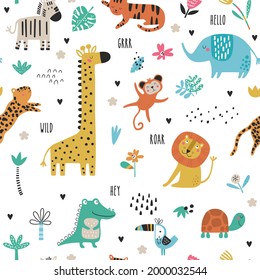 Seamless pattern with cute boho tropical animals. Creative nursery background. Perfect for kids design, fabric, wrapping, wallpaper, textile, apparel