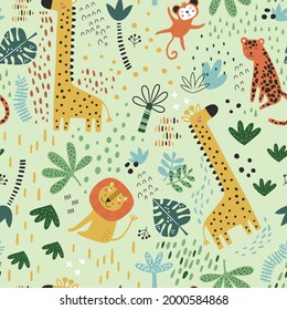 Seamless pattern with cute boho tropical animals. Creative nursery background. Perfect for kids design, fabric, wrapping, wallpaper, textile, apparel