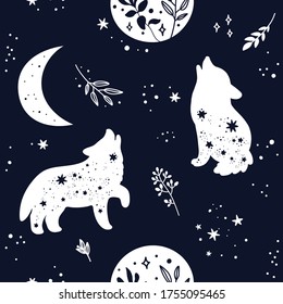 Seamless pattern with cute boho wolf animal silhouette, stars and moon. Black and white colors. Creative kids texture for print, textile, wallpaper, apparel, fabric, wrapping paper, clothing