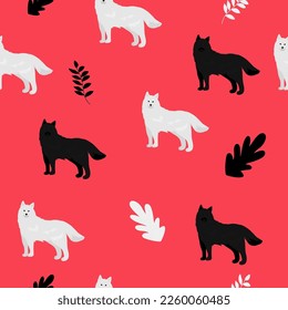 Seamless pattern with cute boho wolf or dog animal . Black and white colors. Creative kids texture for print, textile, wallpaper, apparel, fabric, wrapping paper, clothing.