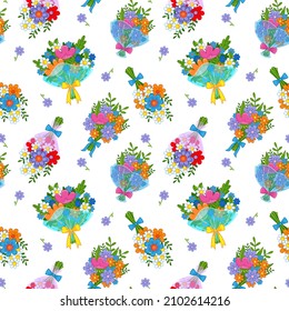 Seamless pattern with cute bouquets of flowers on a white background. Spring children's decor. Vector illustration in minimalistic flat style, hand drawn. Print for spring textiles for babies