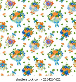 Seamless pattern with cute bouquets of flowers on a white background. Spring children's decor. Vector illustration in minimalistic flat style, hand drawn. Print for spring textiles for babies.