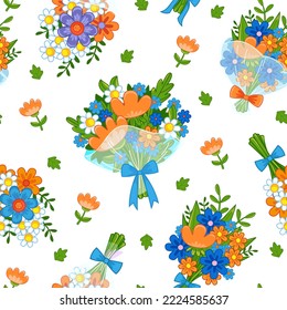 Patrón sin foco con ramos adorables de flores sobre un fondo blanco. La decoración infantil de primavera. Ilustración vectorial en estilo plano minimalista, dibujado a mano. Impresión para tejidos primaverales para bebés.