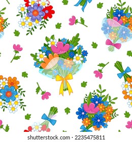 Seamless pattern with cute bouquets of flowers on a white background. Spring children's decor of pink, yellow and blue flowers. Vector illustration in a flat style. Print for textiles for kids.