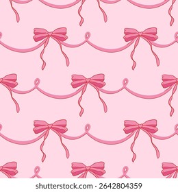 Seamless pattern with cute bow knots and ribbons. Trendy hair braiding accessory. Editable vector illustration for wrapping paper, packaging, fabric, wallpaper, phone case etc.