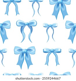 Seamless pattern with cute bows in cartoon style. Vector illustration of a pattern with blue ribbon bows of different shapes and sizes, isolated on a white background. Wrapping paper. Packaging.Decor.