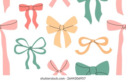 Seamless pattern with cute bows. Gift coquette ribbons background. Modern bow design for print, textile, wrapping paper, fashion, fabric, wallpaper, cover. Hand drawn flat vector illustration