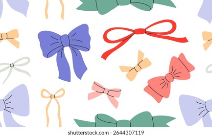Seamless pattern with cute bows. Gift coquette ribbons background. Modern bow design for print, textile, wrapping paper, fashion, fabric, wallpaper, cover. Hand drawn flat vector illustration