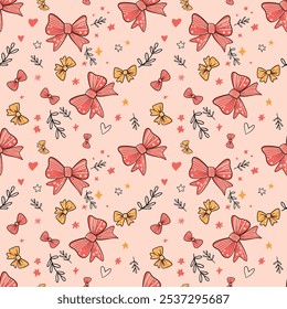 Modelo inconsútil de los lazos lindos con los corazones dibujados a mano, las estrellas, y las hojas en un fondo rosado suave. Ideal para papel de regalo festivo, diseño textil y fondos decorativos.