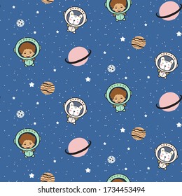 Seamless pattern with cute boy astronauts and cartoon planet stars comets. Kids cosmic theme background boy blue colors.