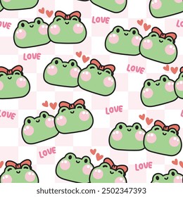 Seamless pattern of cute boy frog kiss girl frog on pastel background.Couple.Love text.Valentines day.Reptile animal character cartoon design.Kawaii.Vector.Illustration.