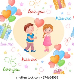 Seamless pattern with cute boy and girl and gift boxes