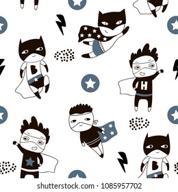 Seamless pattern with cute boy hero. Creative childish texture in scandinavian style. Great for fabric, textile Vector Illustration