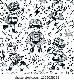 Padrão perfeito com o herói bonito do menino. Textura infantil criativa em estilo escandinavo. Excelente para tecido, ilustração de vetor têxtil