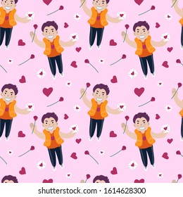 Seamless pattern cute boy is in love, holding roses and love envelopes,hand drawn texture vector illustration