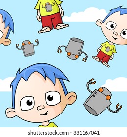 A seamless pattern of a cute boy and some robots flying through the air with clouds in the sky.