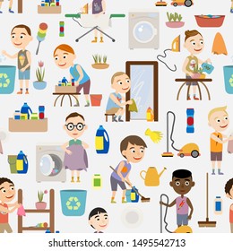 Seamless pattern cute boys doing housework. Boys throw out garbage, wash dishes, wash clothes, vacuum clean, iron clothes, wipe mirrors, water flowers and do cleaning. Flat cartoon vector