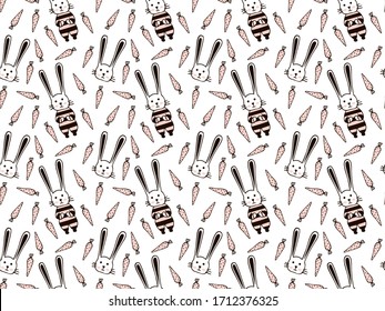 Seamless pattern of cute boys hares, bunny toddlers with blush on their cheeks in pink and black striped overalls for children, their portraits, pink carrots on a white background. Hand drawn. Vector.