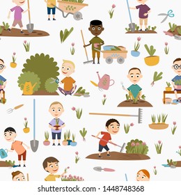 Seamless pattern. Cute boys in various poses gardening plants, weed beds, watering seedlings, pruning bushes and trees, working in the garden. People and garden tools. Vector illustration
