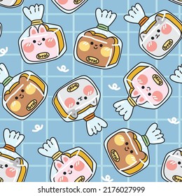 Seamless pattern cute bread in animal shape blue background Cartoon background Image for card poster baby clothing Rabbit bear cat hand drawn Kawaii Vector Illustration 