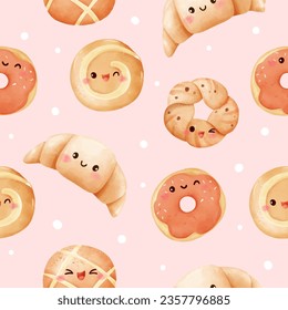 Seamless pattern cute bread Sweet bakery food Printable for fabric Book Cafe Wrapping paper Watercolor style