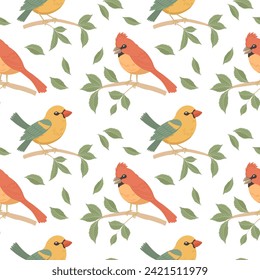 Patrón sin foco, pájaros lindos y brillantes sobre ramas de árboles en un fondo blanco. Ilustración primaveral al estilo dibujo plano. Vector