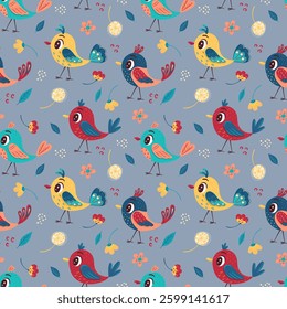 Seamless pattern with cute bright birds, flowers, leaves on a gray background. Vector illustration for the design of postcards, clothing, textiles, banners and posters.
