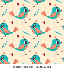Seamless pattern with cute bright blue birds, flowers, and hearts on a turquoise background. Vector illustration for the design of postcards, clothing, textiles, banners and posters.