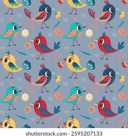 Seamless pattern with cute bright colorful birds with flowers in their beaks on a gray background. Vector illustration for the design of postcards, clothing, textiles, banners and posters.