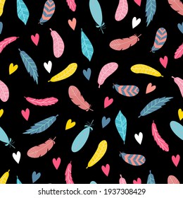 Seamless pattern with a cute bright feathers, in vector graphics, on a black background. For wallpaper, covers notebook, wrapping paper, childrens clothing, t-shirts