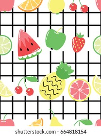 Seamless pattern with cute bright fruits and berries