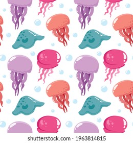 Seamless pattern with cute and bright jellyfish. Vector illustration.