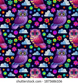 Seamless pattern with a cute bright owls, flowers and clouds on a dark night sky background